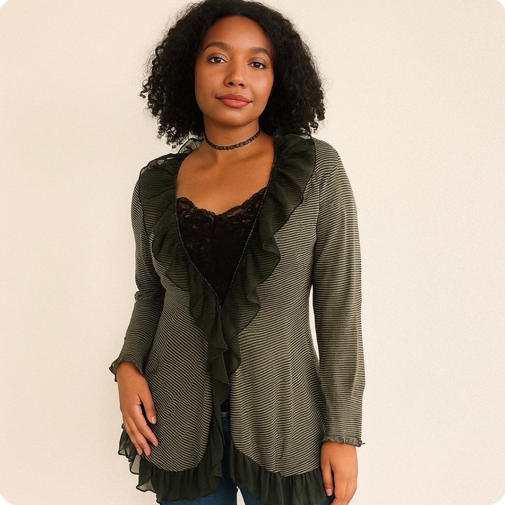 * Guinevere Womens Ruffle Trim Striped Cardigan Sweater Jacket Size S